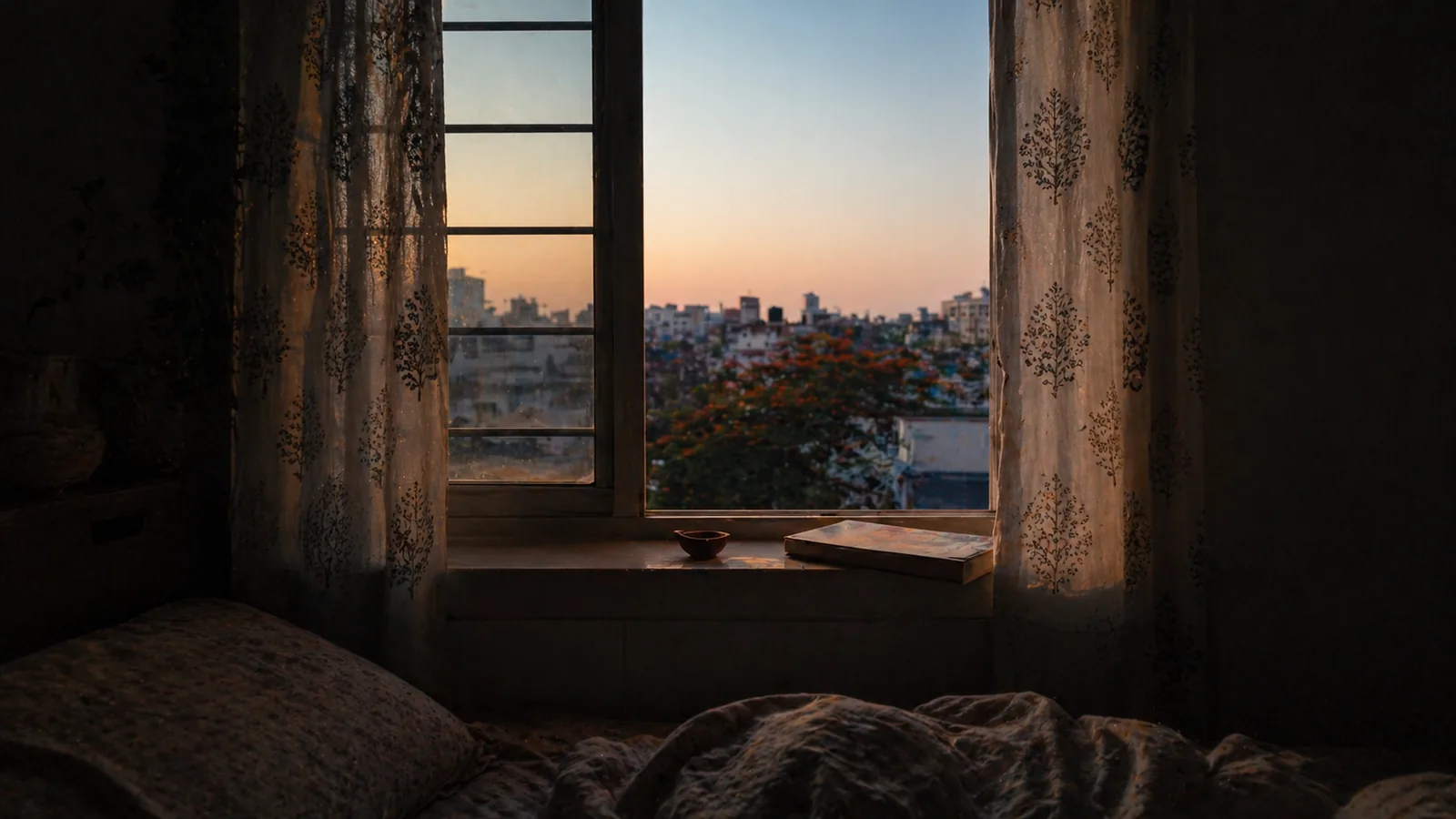 A bedroom window at dawn, the city sky just beginning to lift.